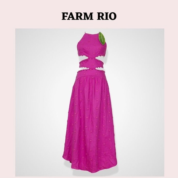 NWT FARM RIO Pink 3D Flower Midi Dress in Linen. Size Large - Picture 3 of 6
